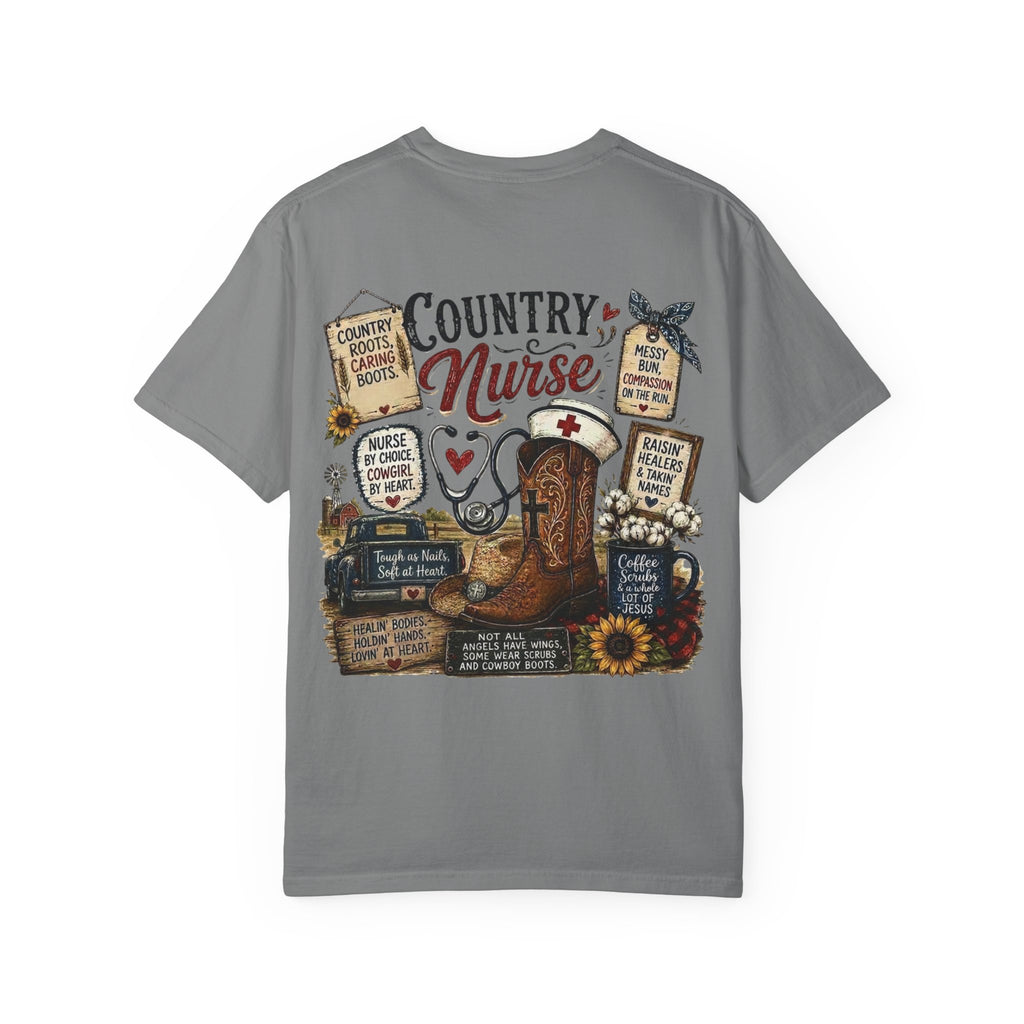 Country Nurse T-Shirt — Rustic Nursing Shirt with 'Elopement Risk' Pocket Badge