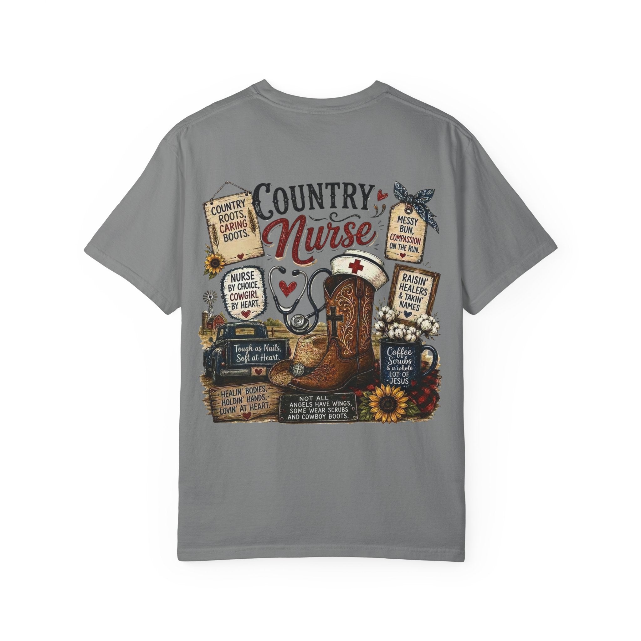 Country Nurse T-Shirt — Rustic Nursing Shirt with 'Elopement Risk' Pocket Badge