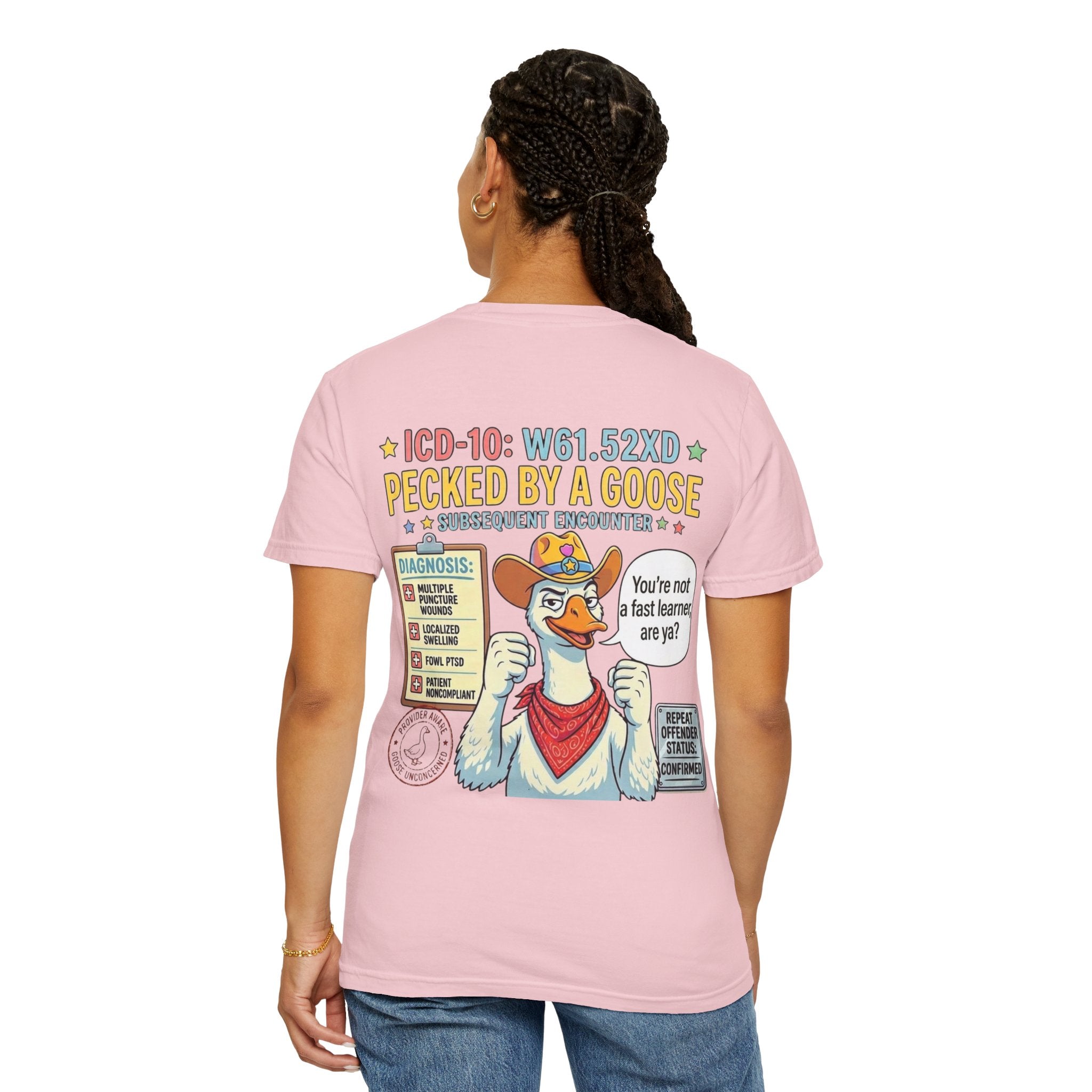 T-Shirt — “Elopement Risk / Pecked By A Goose” Funny Novelty Tee