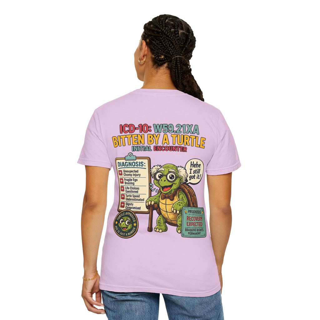 T-Shirt — 'Elopement Risk' Front & 'Bitten by a Turtle' Novelty Graphic Tee