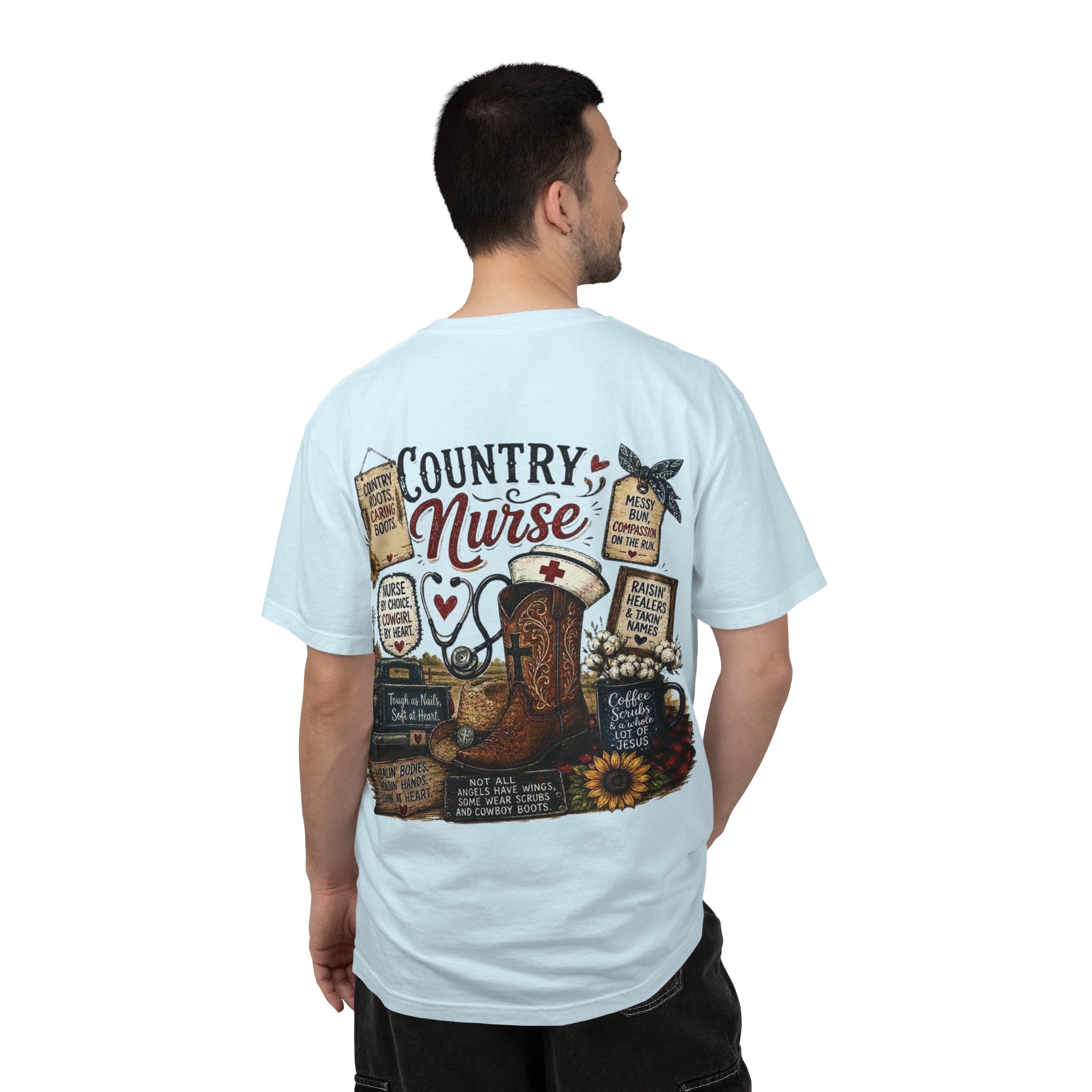 Country Nurse T-Shirt — Rustic Nursing Shirt with 'Elopement Risk' Pocket Badge