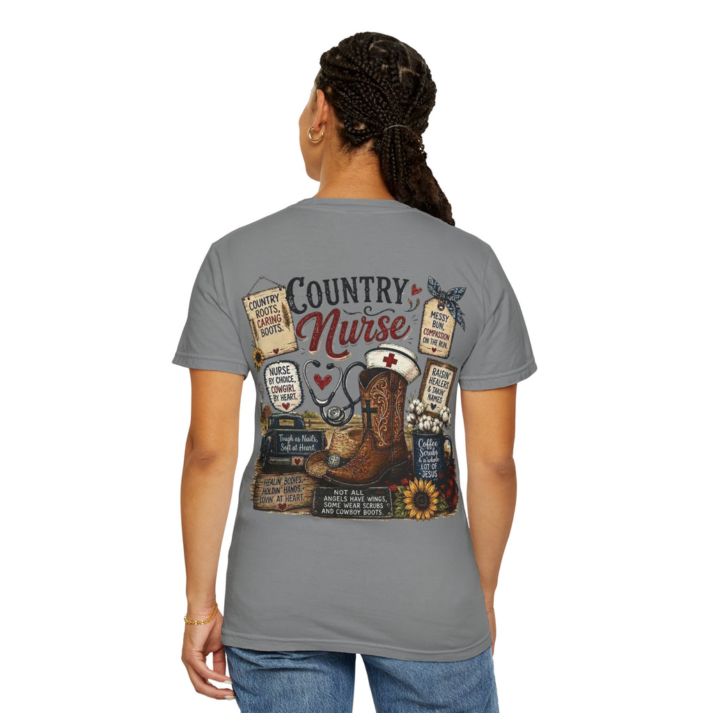 Country Nurse T-Shirt — Rustic Nursing Shirt with 'Elopement Risk' Pocket Badge
