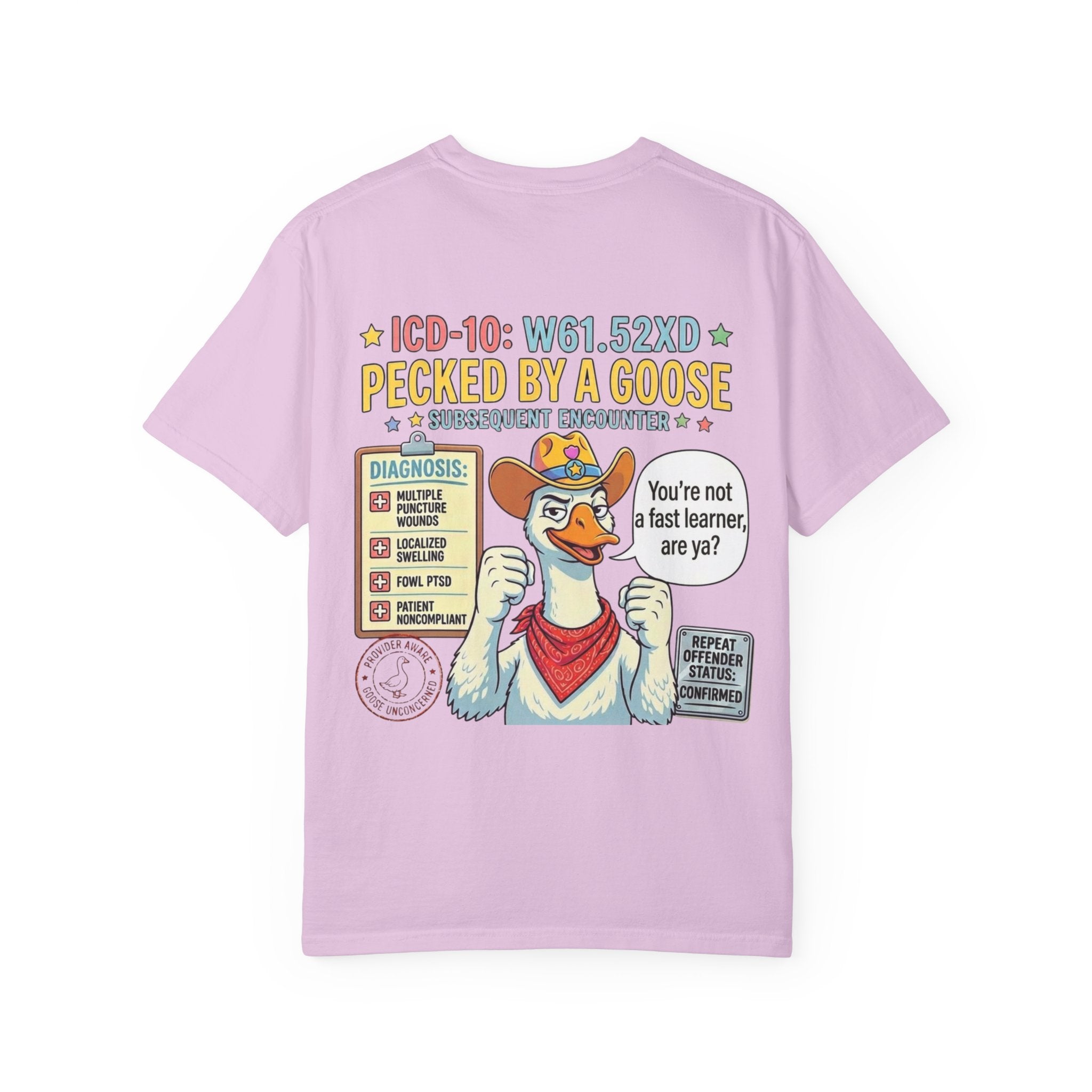 T-Shirt — “Elopement Risk / Pecked By A Goose” Funny Novelty Tee
