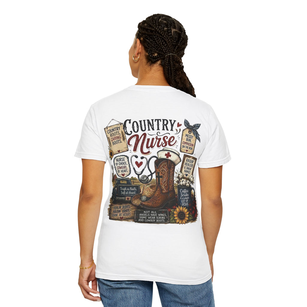 Country Nurse T-Shirt — Rustic Nursing Shirt with 'Elopement Risk' Pocket Badge