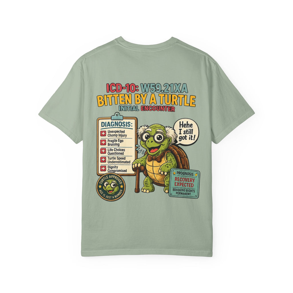 T-Shirt — 'Elopement Risk' Front & 'Bitten by a Turtle' Novelty Graphic Tee