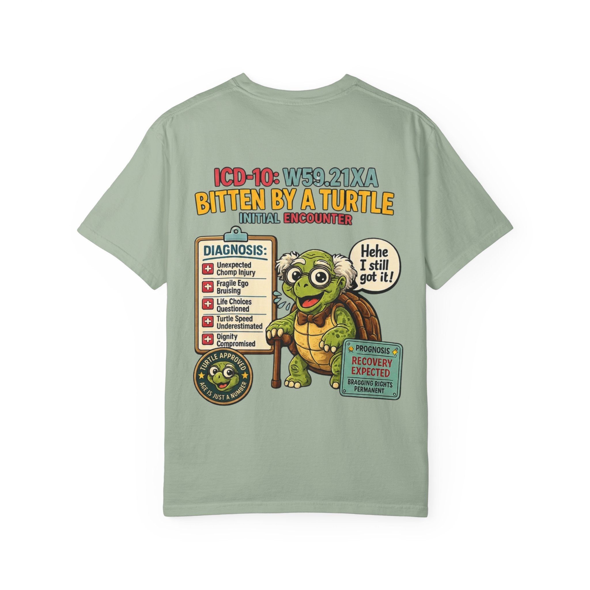 T-Shirt — 'Elopement Risk' Front & 'Bitten by a Turtle' Novelty Graphic Tee