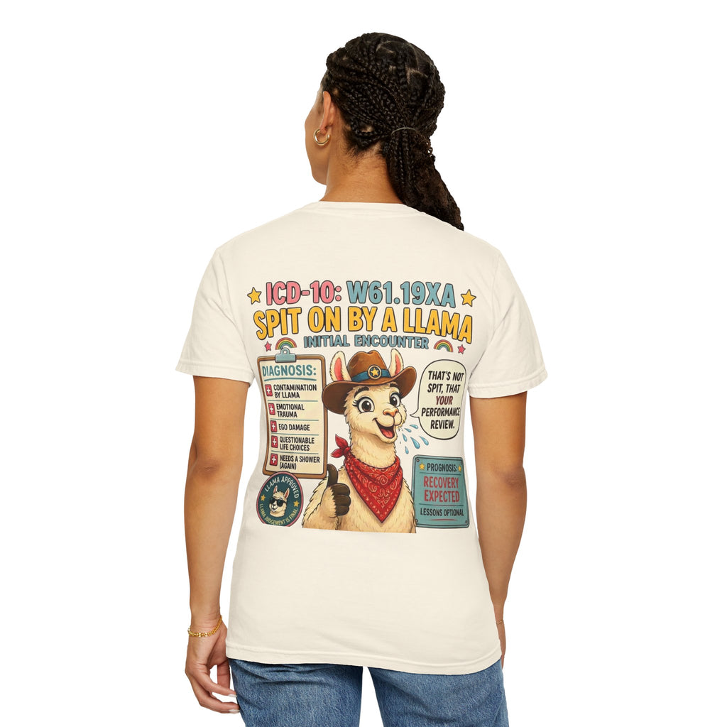 T-Shirt — Funny 'Spit On By A Llama' Novelty Tee (Elopement Risk Chest Logo)