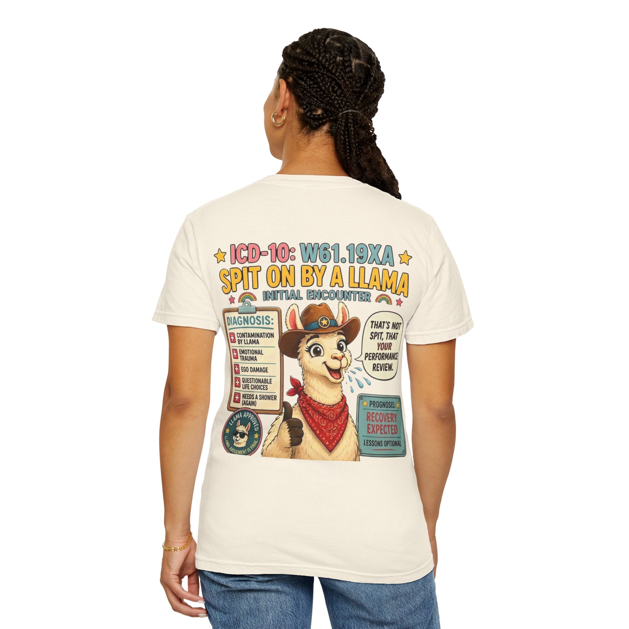 T-Shirt — Funny 'Spit On By A Llama' Novelty Tee (Elopement Risk Chest Logo)