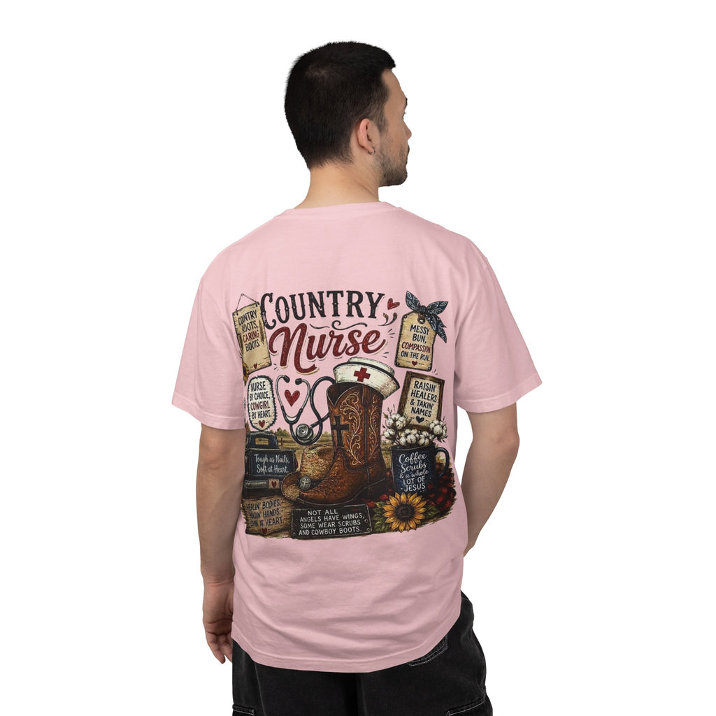 Country Nurse T-Shirt — Rustic Nursing Shirt with 'Elopement Risk' Pocket Badge