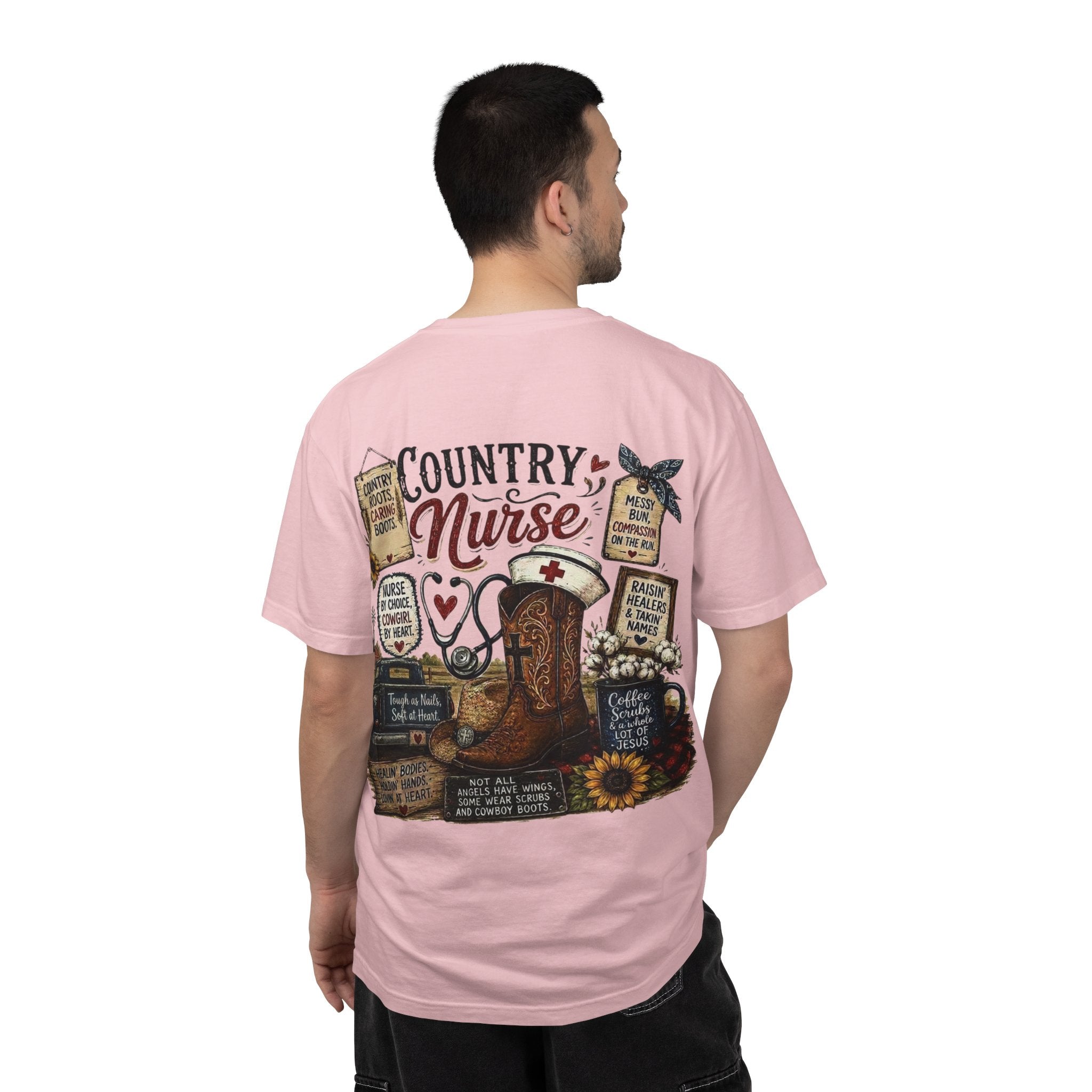 Country Nurse T-Shirt — Rustic Nursing Shirt with 'Elopement Risk' Pocket Badge