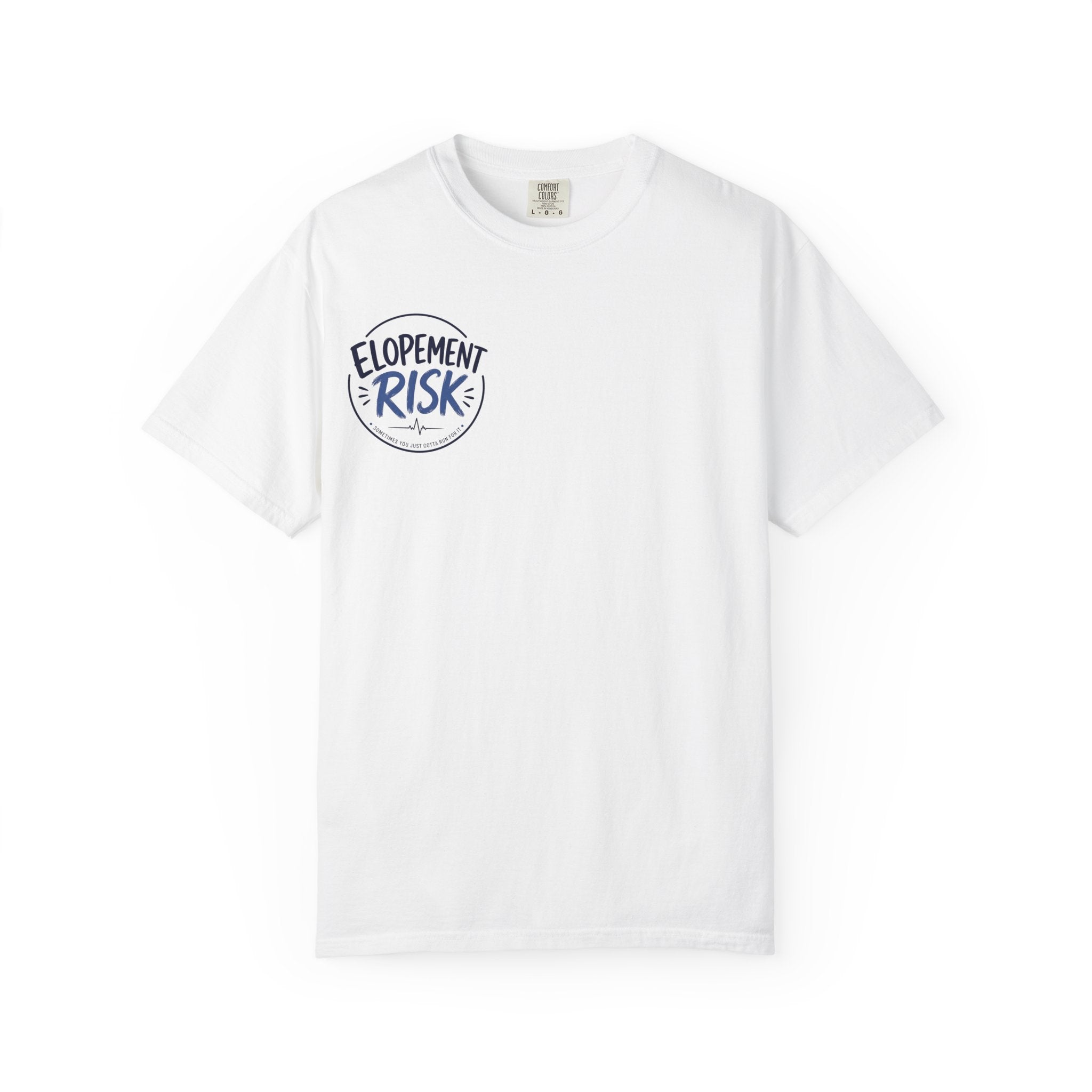 T-Shirt — Funny 'Spit On By A Llama' Novelty Tee (Elopement Risk Chest Logo)