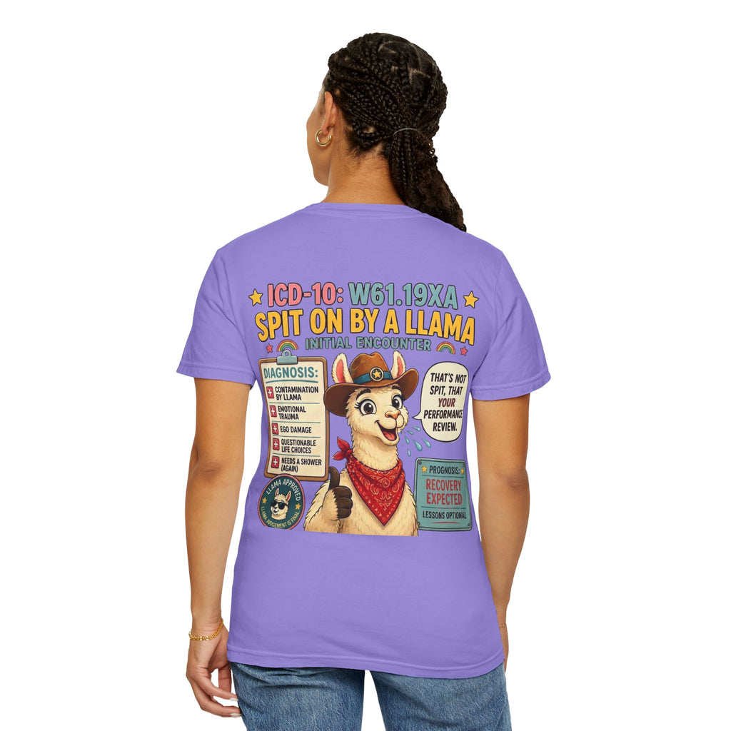T-Shirt — Funny 'Spit On By A Llama' Novelty Tee (Elopement Risk Chest Logo)