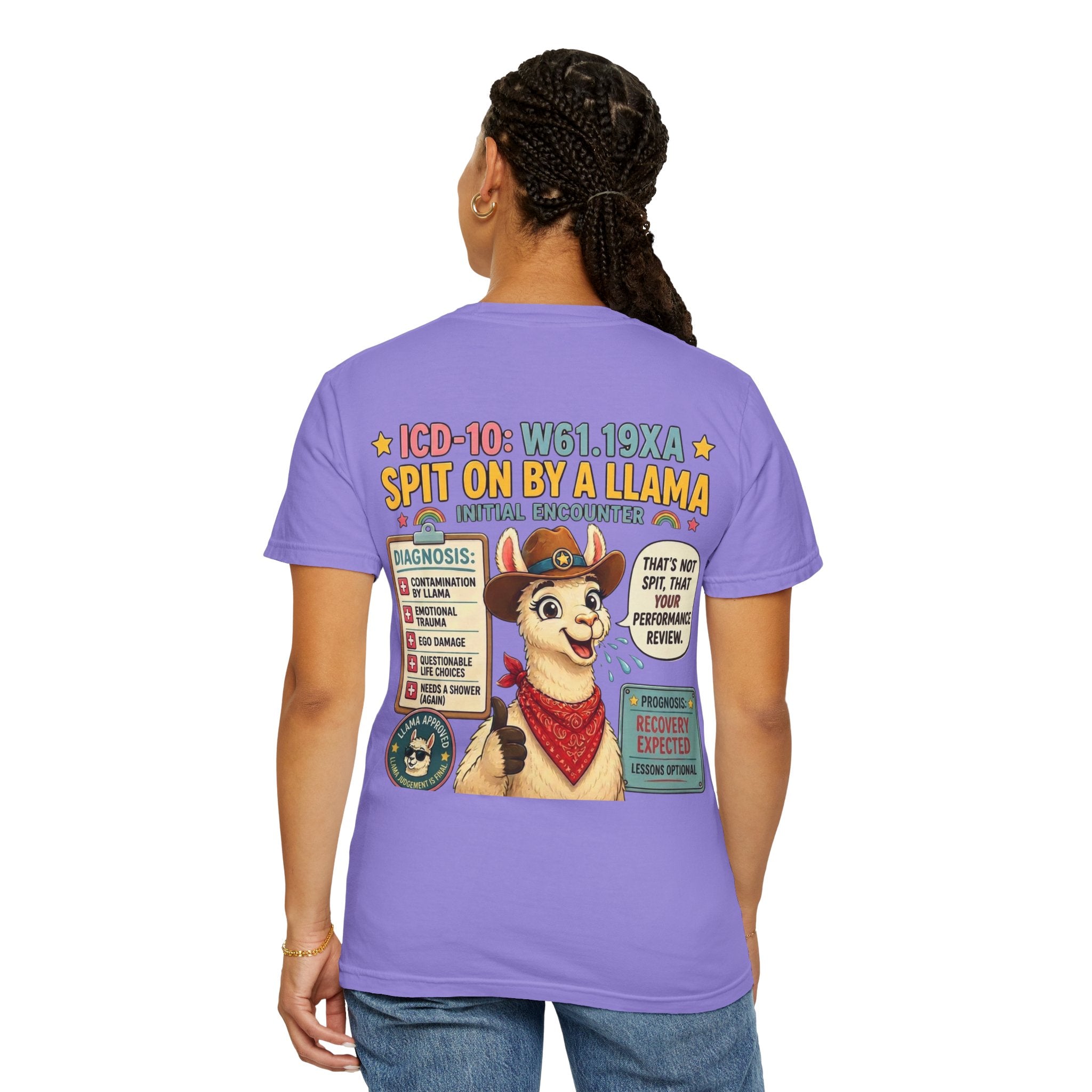 T-Shirt — Funny 'Spit On By A Llama' Novelty Tee (Elopement Risk Chest Logo)