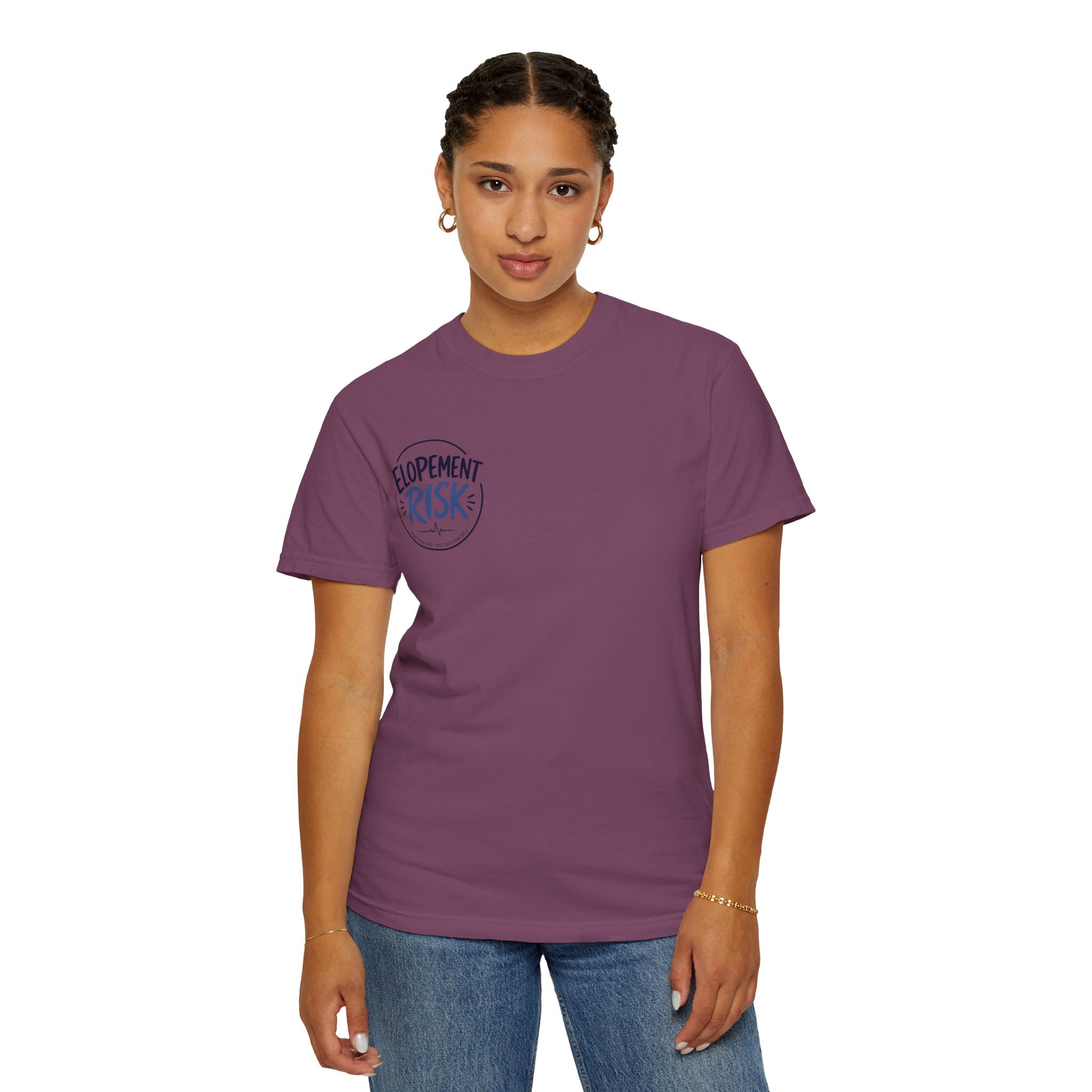T-Shirt — Funny 'Spit On By A Llama' Novelty Tee (Elopement Risk Chest Logo)
