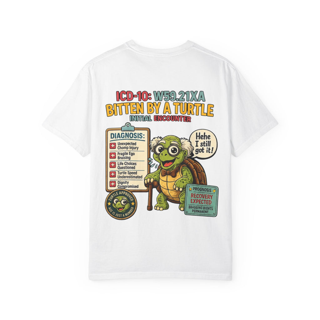 T-Shirt — 'Elopement Risk' Front & 'Bitten by a Turtle' Novelty Graphic Tee