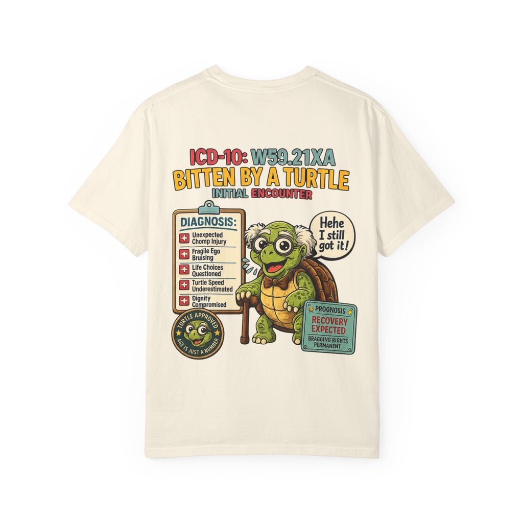 T-Shirt — 'Elopement Risk' Front & 'Bitten by a Turtle' Novelty Graphic Tee