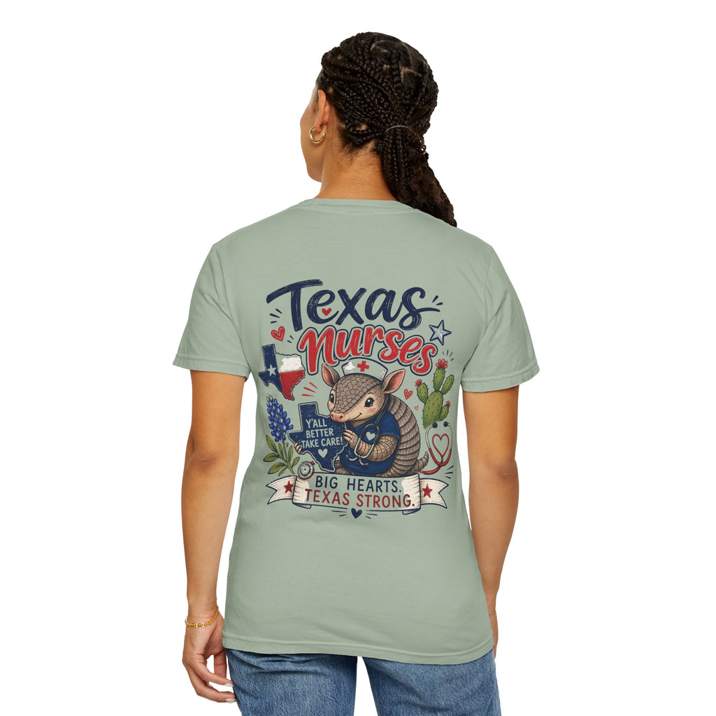Texas Nurses T-Shirt — "Elopement Risk" Cute Armadillo Design, Big Hearts Texas Strong