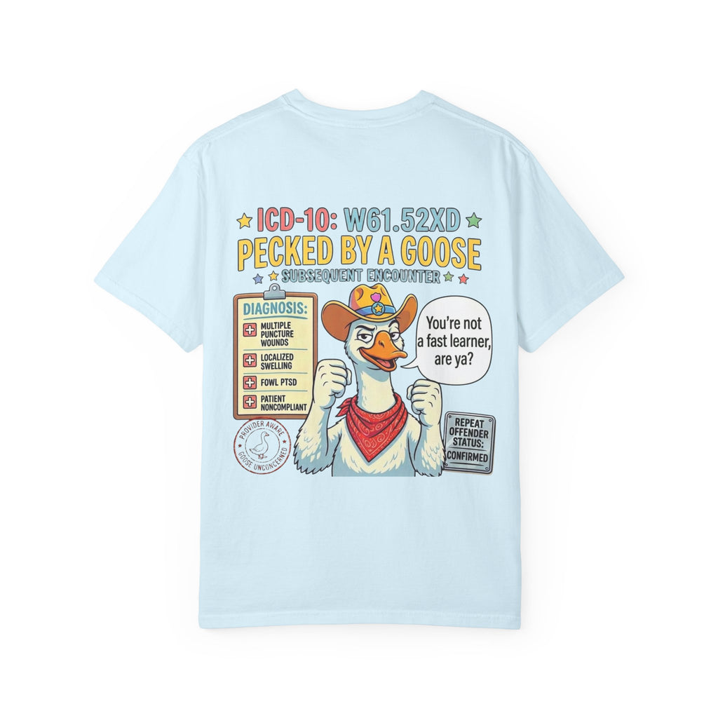 T-Shirt — “Elopement Risk / Pecked By A Goose” Funny Novelty Tee