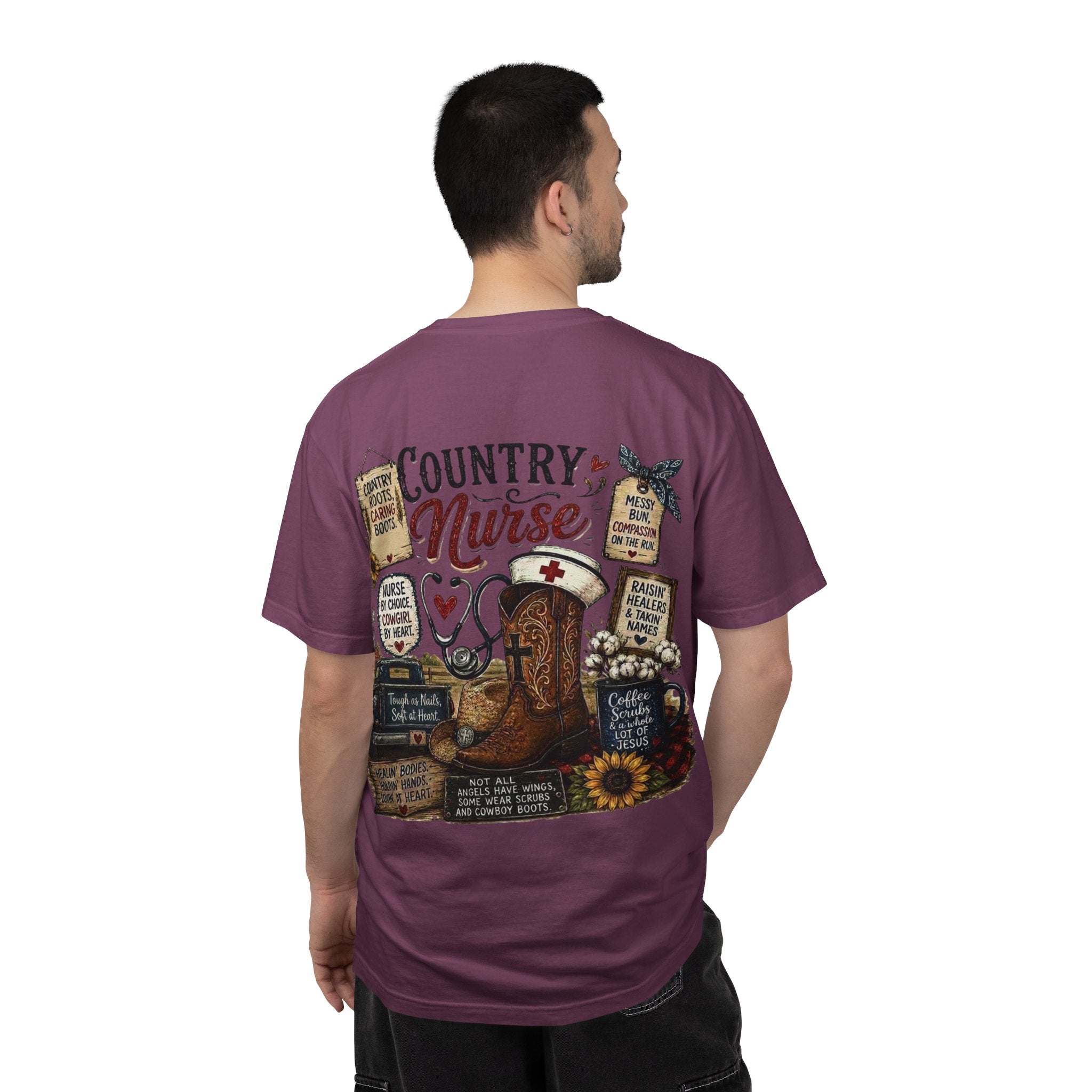 Country Nurse T-Shirt — Rustic Nursing Shirt with 'Elopement Risk' Pocket Badge