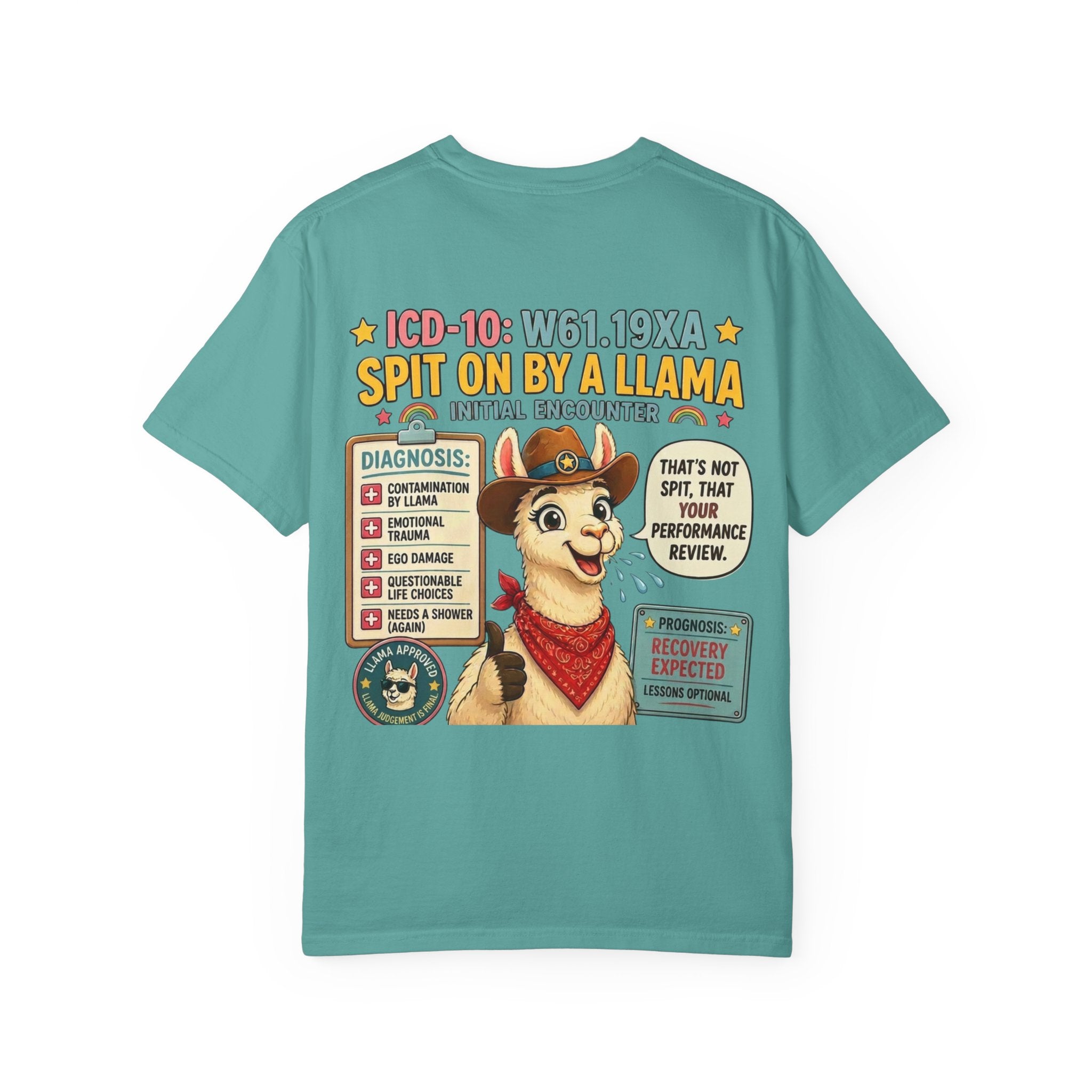 T-Shirt — Funny 'Spit On By A Llama' Novelty Tee (Elopement Risk Chest Logo)