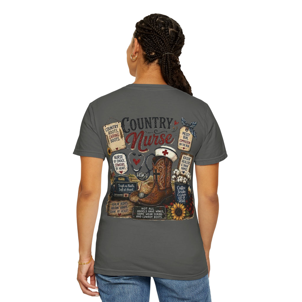 Country Nurse T-Shirt — Rustic Nursing Shirt with 'Elopement Risk' Pocket Badge